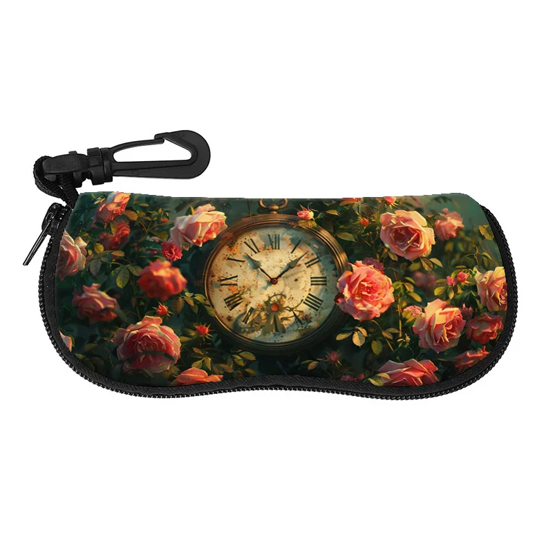 1pc 2d FlatPortable and Durable Eyewear Case Featuring Vintage Pocket Watch Clock and Rose Design