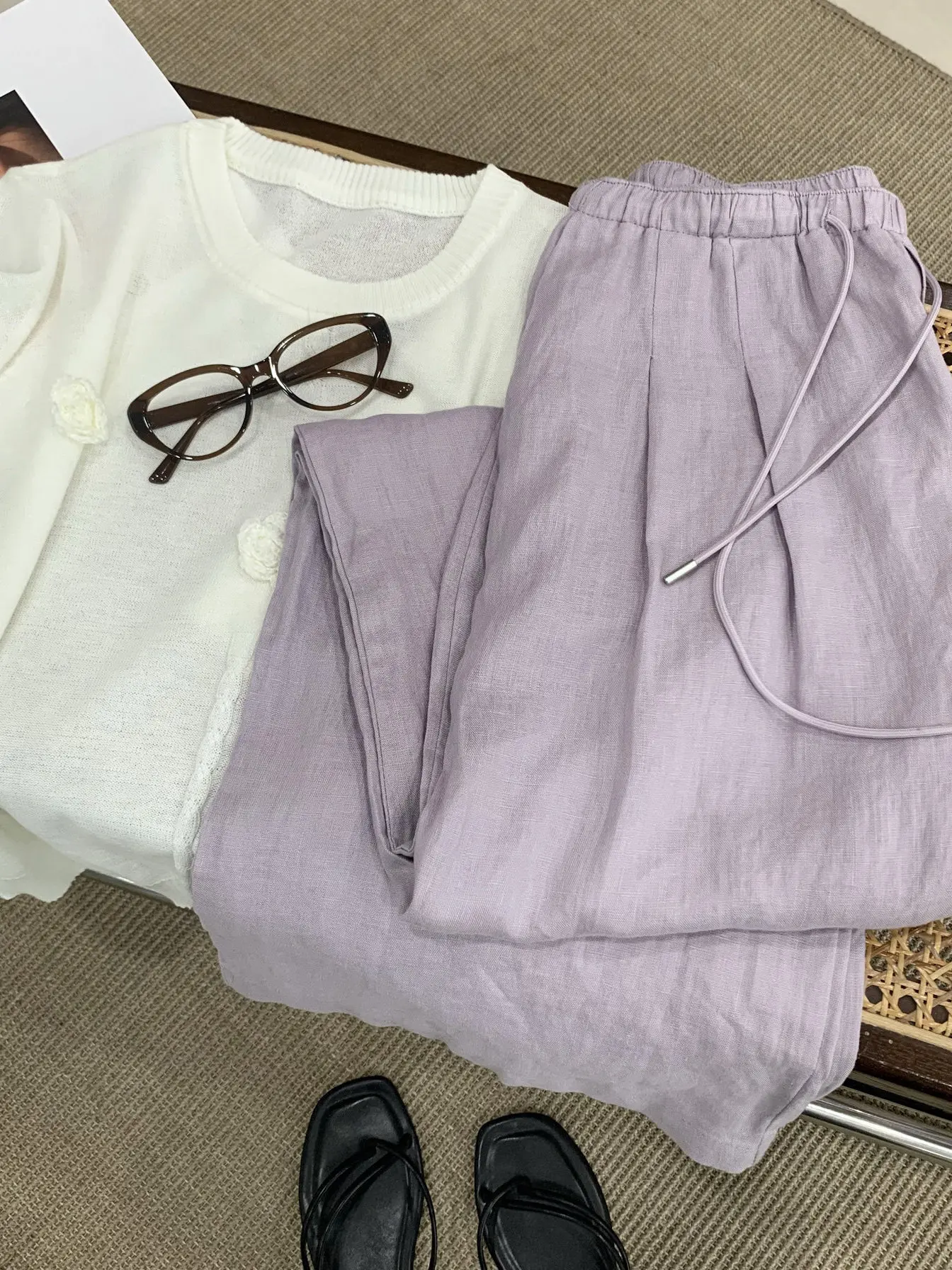 Authentic Gentle Purple Cotton Linen Wide Leg Pants Women's 2026 New Style Super Beautiful Casual Straight Leg Pants