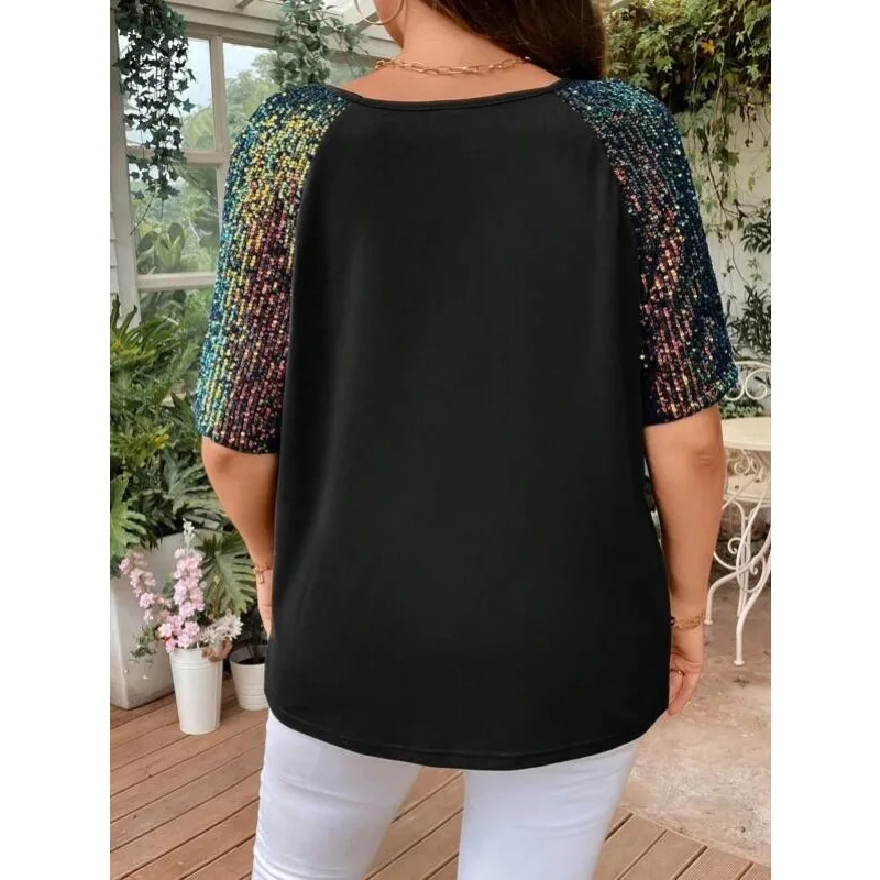 Plus size 1xl-5xl nova moda feminina arco-íris lantejoulas com decote em v camiseta senhoras manga curta streetwear feminino topos