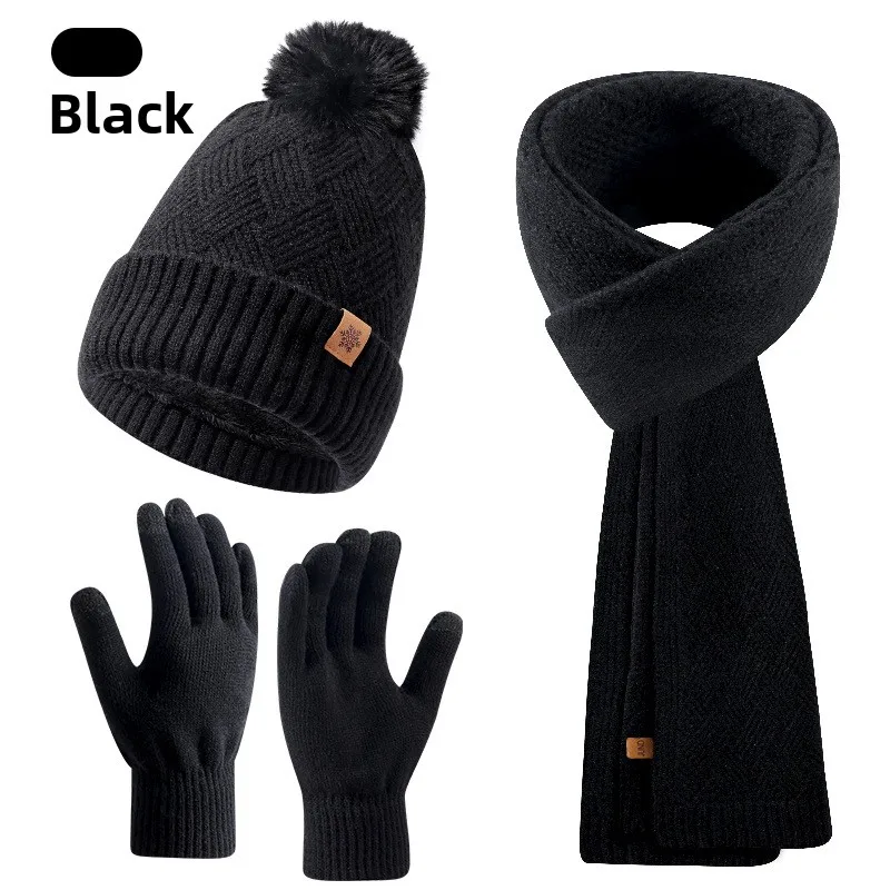 Women Autumn Winter Outdoor Warmth Double Layer Knitted Hat Knitted Hat Scarf Gloves Three-piece Set Hairball Simple Windproof