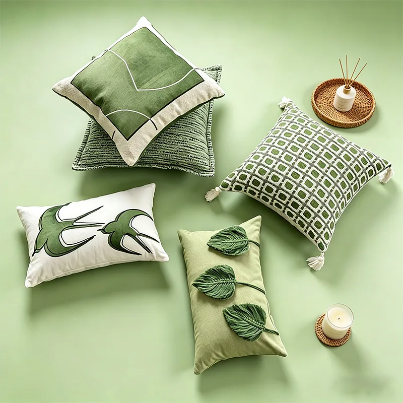 

Sage Green Throw Pillow Covers Embroidered Birds Leaf Tassel Cushion Covers Geometric Blend Pillow Cases for Sofa Bed Home Decor