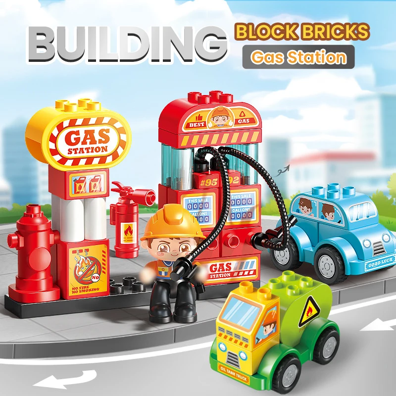 

43PCS Big Size Gas Station Building Block Model with 2 Car Creative DIY Education Toys for Children Role-Play Assembly Toy Gifts