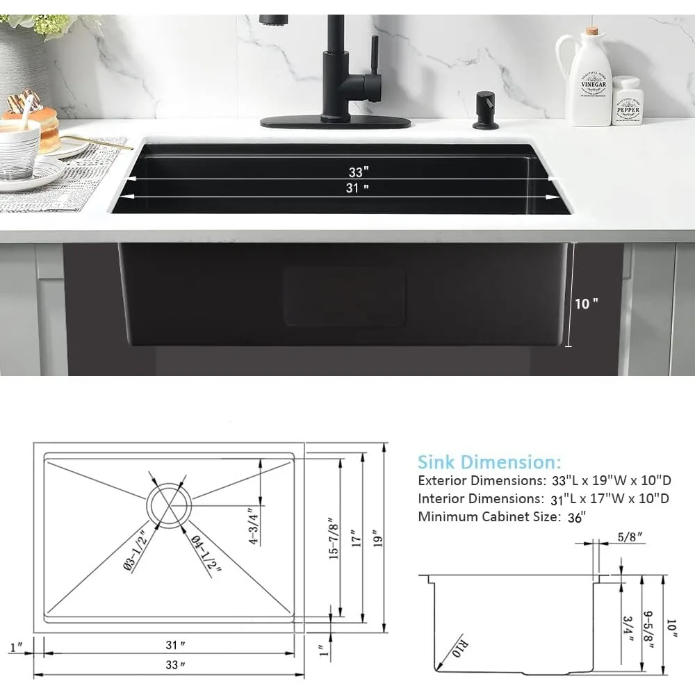 33x19 Inch Kitchen Sink with Cutting Board, Undermount Workstation 16 Gauge Deep Stainless Steel Single Bowl Kitchen Sink