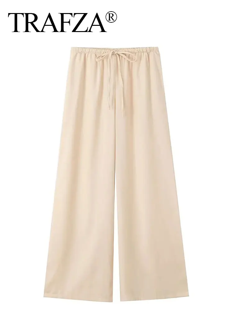 TRAFZA 2024 Women Casual Solid Trousers Loose High Waist Drawstring Wide Leg Pants Female Fashion Y2K High Street Pant