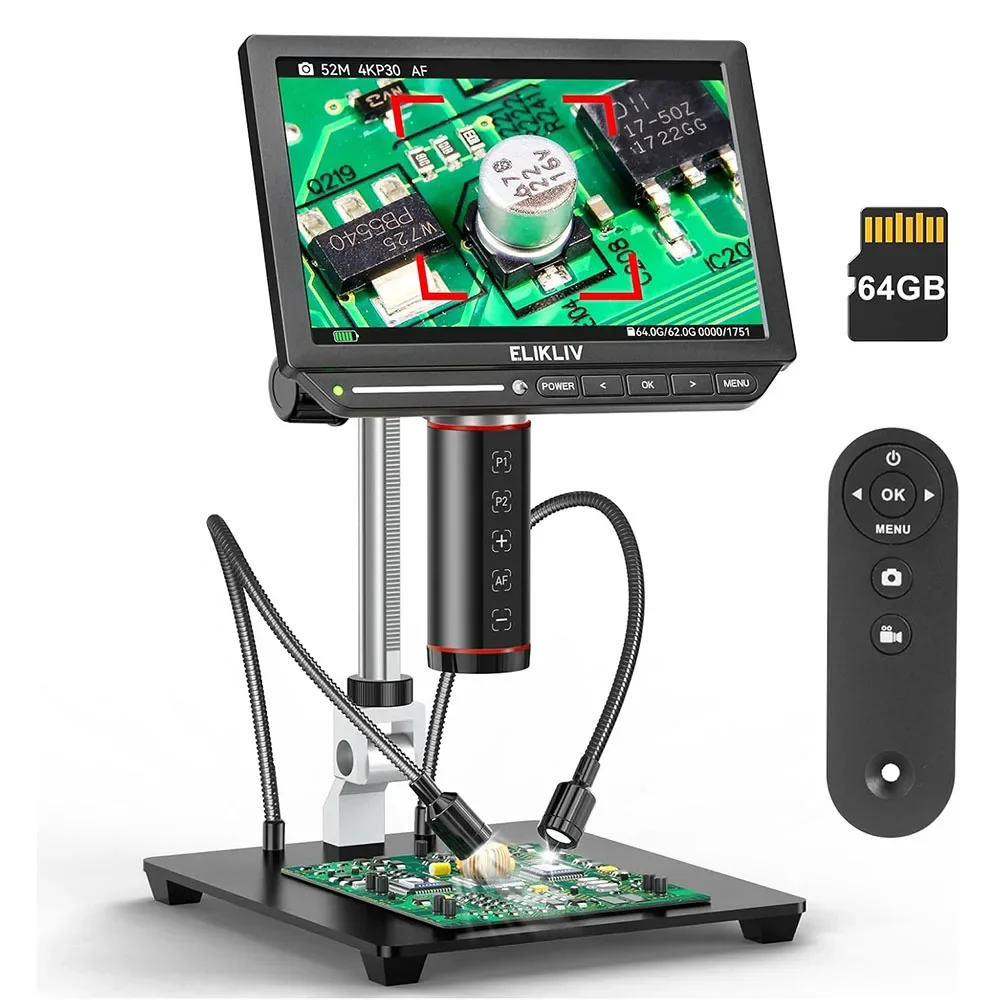 Elikliv EM4K-AF 4K digitale microscoop Autofocus 2000x 8 "HDMI-soldeermicroscoop voor elektronische reparatie met 10" standaard 64G-kaart