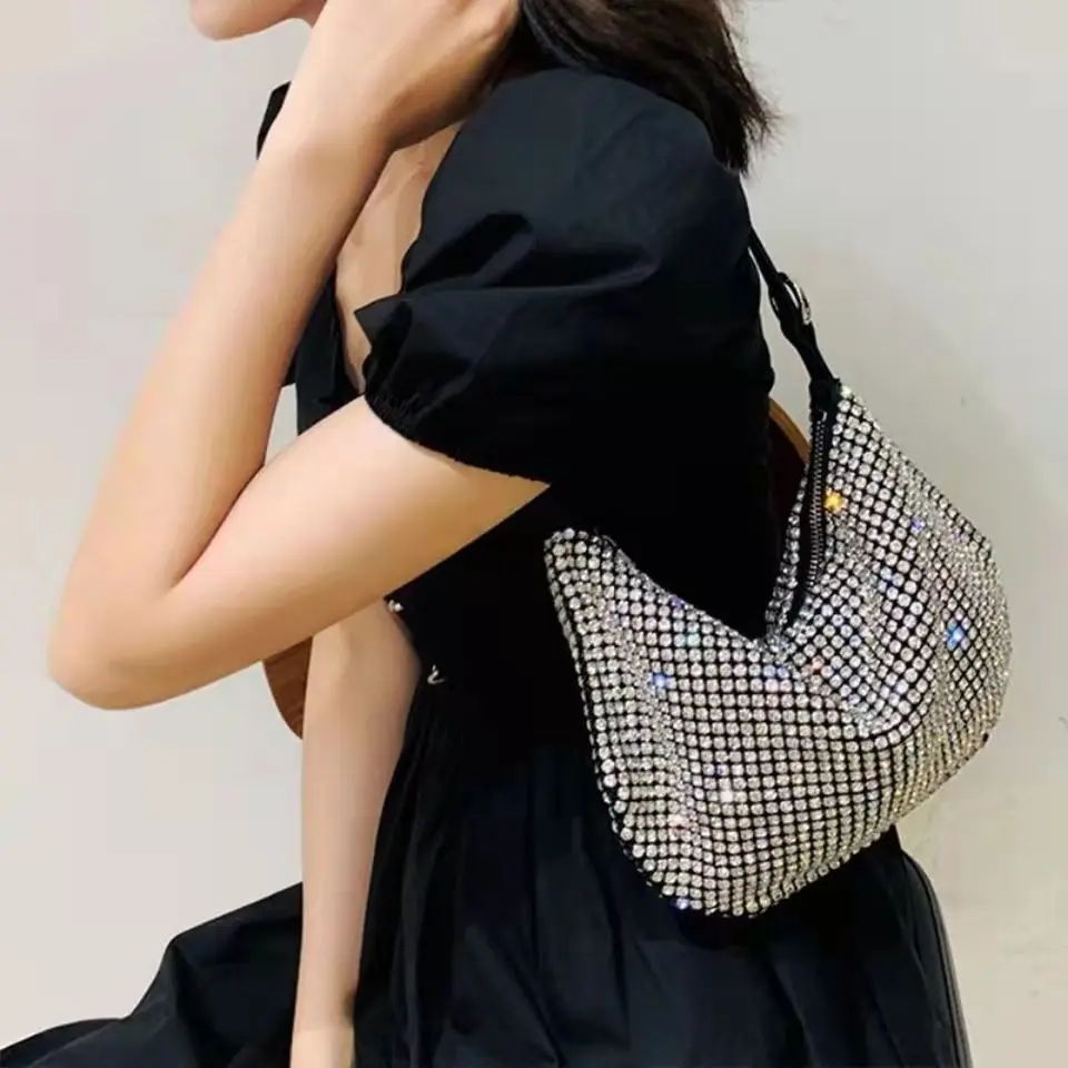 

Faionable Crystal Diamond Leather Women's Bag Single oulder Handbag Trendy Bag Handbag Soft Briti Sle Casual Moon Bag