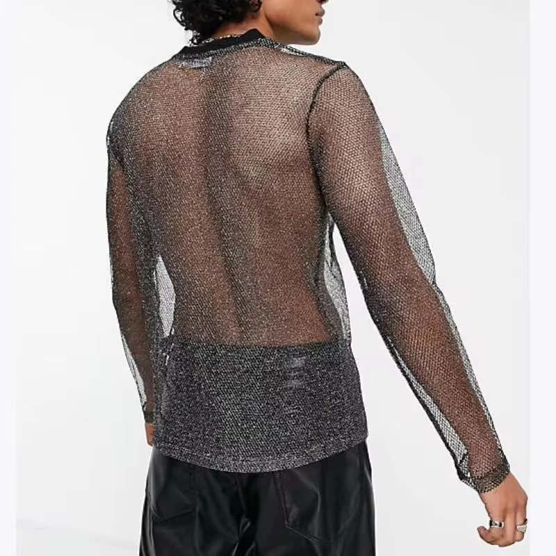 Long Sleeved Drop Shoulder Perspective Tshirt for Men Sexy Nightclub Wear Shiny and Breathable Mesh Shirt Mens Performance Wear