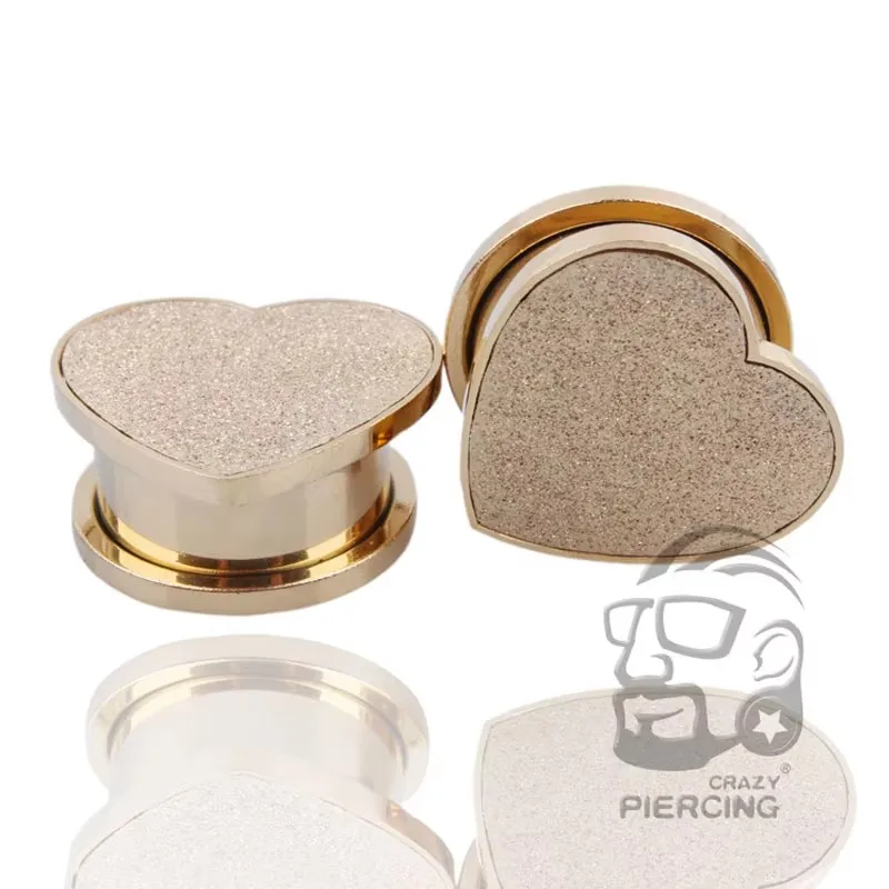 2PCS Gold Color Sandpaper Heart Ear Gauges Plugs Tunnels Earring 316L Stainless Ear Expander Ear Stretcher Body Piercing Jewelry