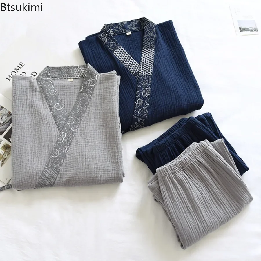 2025 Men's Kimono Home Suits Comfort Lace-up Tops and Trousers Pajamas Sets Cotton Crepe Design Ethnic Style Sleepwear for Men