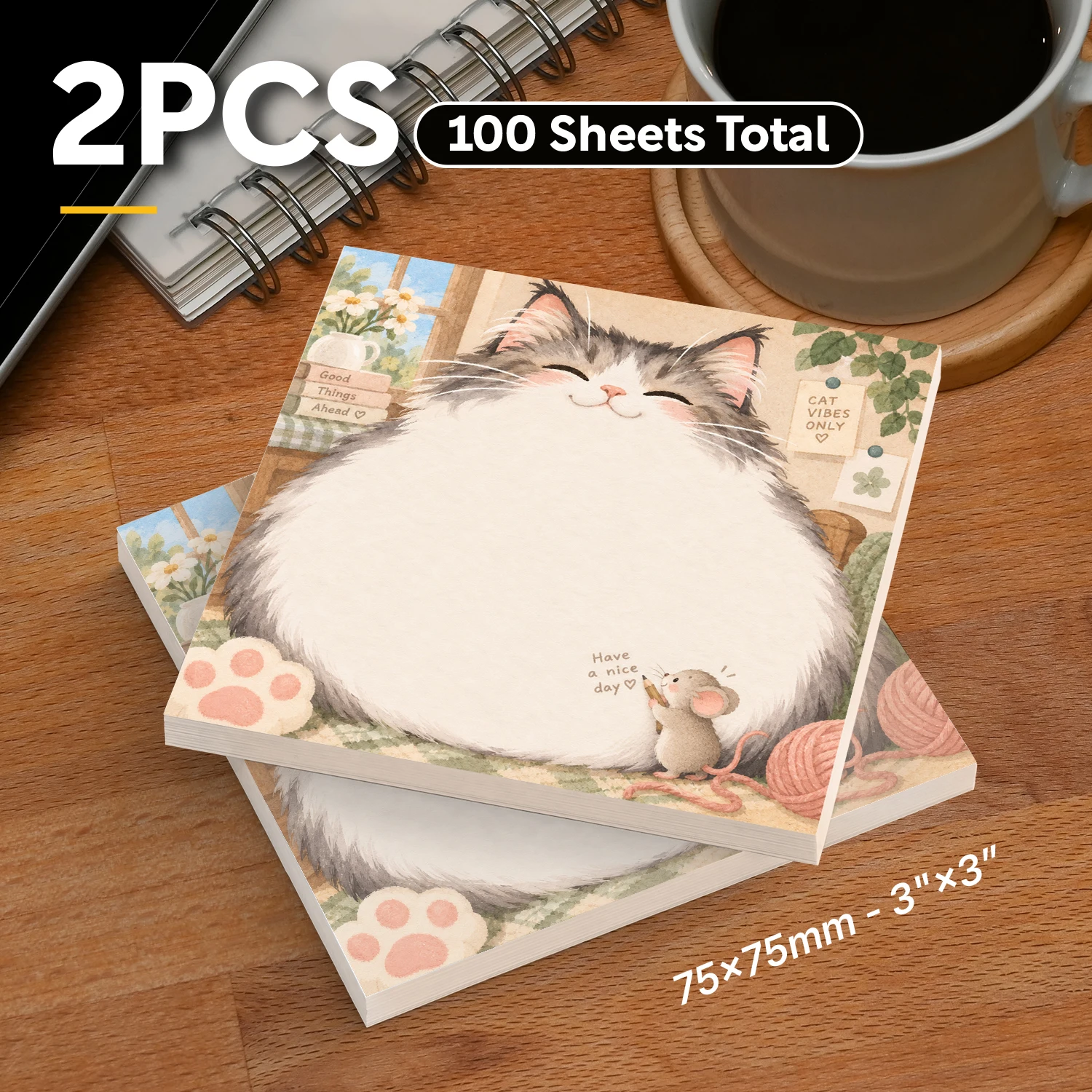 2PCS Cute Cat Sticky Notes 100 Sheets Fluffy Cat Mouse Memo Pads Writing Notes Daily Reminder Office School Stationery