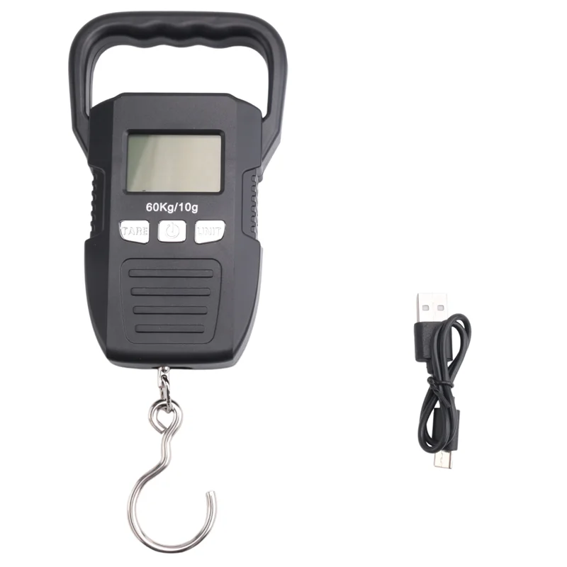 MAKE-สีดํา 60Kg/10G LCD ชุดเครื่องชั่งน้ําหนักดิจิตอล USB ชาร์จ Crane Hook Scales Courier กระเป๋าเดินทางบ้านเครื่องชั่งน้ําหนักเครื่องมือ Se