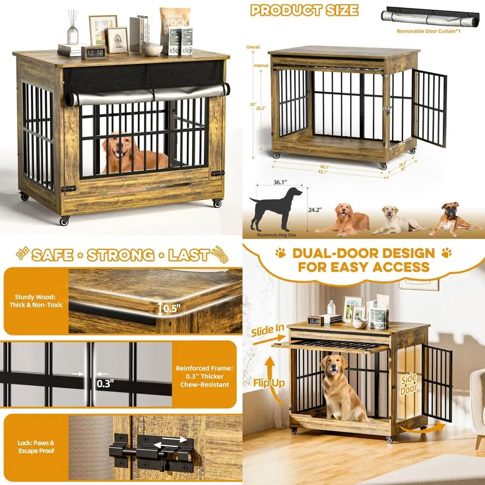 

Большой деревянный ящик для собак с двойными дверцами — домашняя декоративная клетка для домашних животных, стиль торцевого стола, на колесах для больших собак