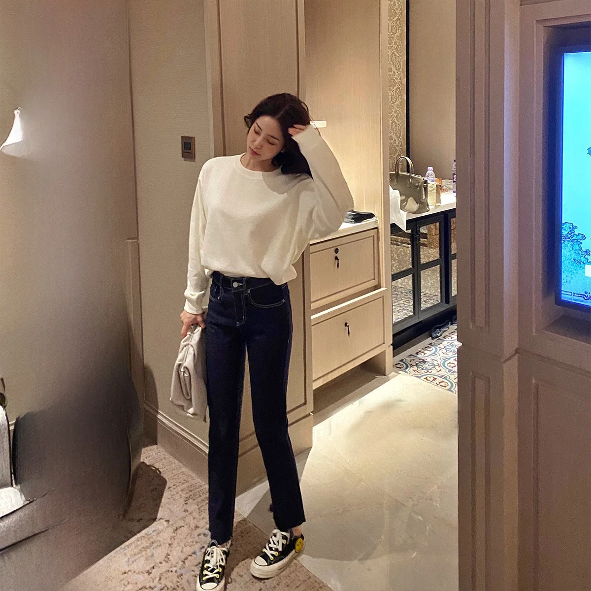 

CCZEE High Waist Slimming Straight Leg Jeans Women's Premium Denim High Elastici Stand Fit Deep Color Fall 2020 Collection