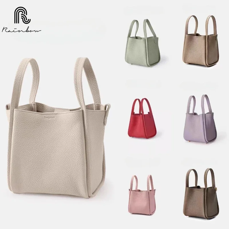 RAINBOW New Fashion Women Bucket Bag genuine leather New Tide Versatile Solid Color Simple Large Capacity Lock Catch Bucket Bag