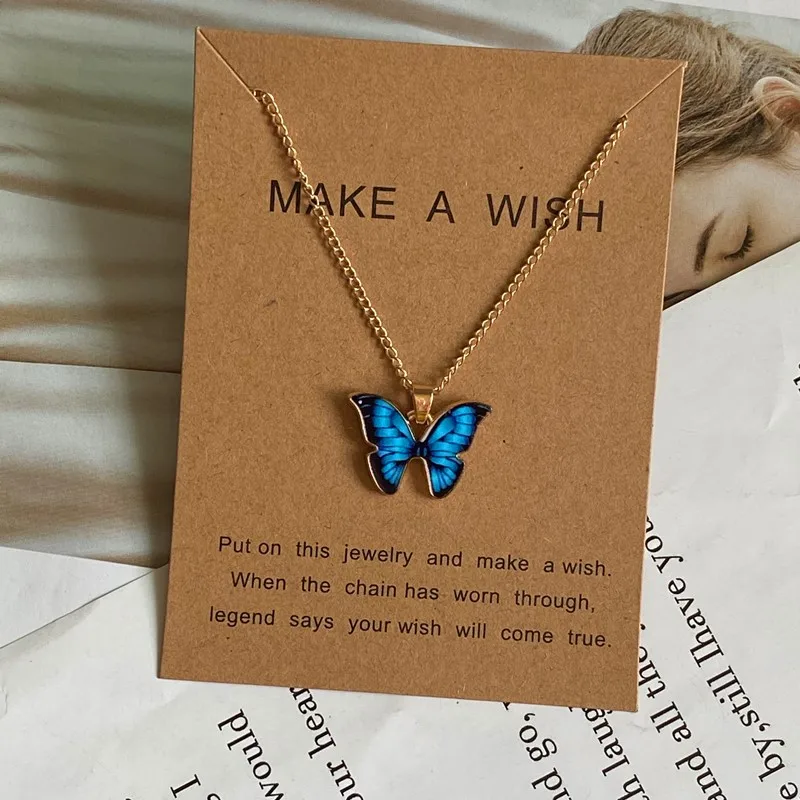 Cute Fashion Butterfly Necklace Earrings Set New Popular Blue Purple Orange Color Pendant Fashion Women Jewelry Wholesale