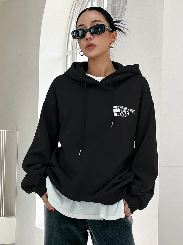 Casual Oversize Hoodie for Women Cherish Time Effect Dream Letter Printed Tops Comfortable Warm Sweatshirt Trend Female Clothes