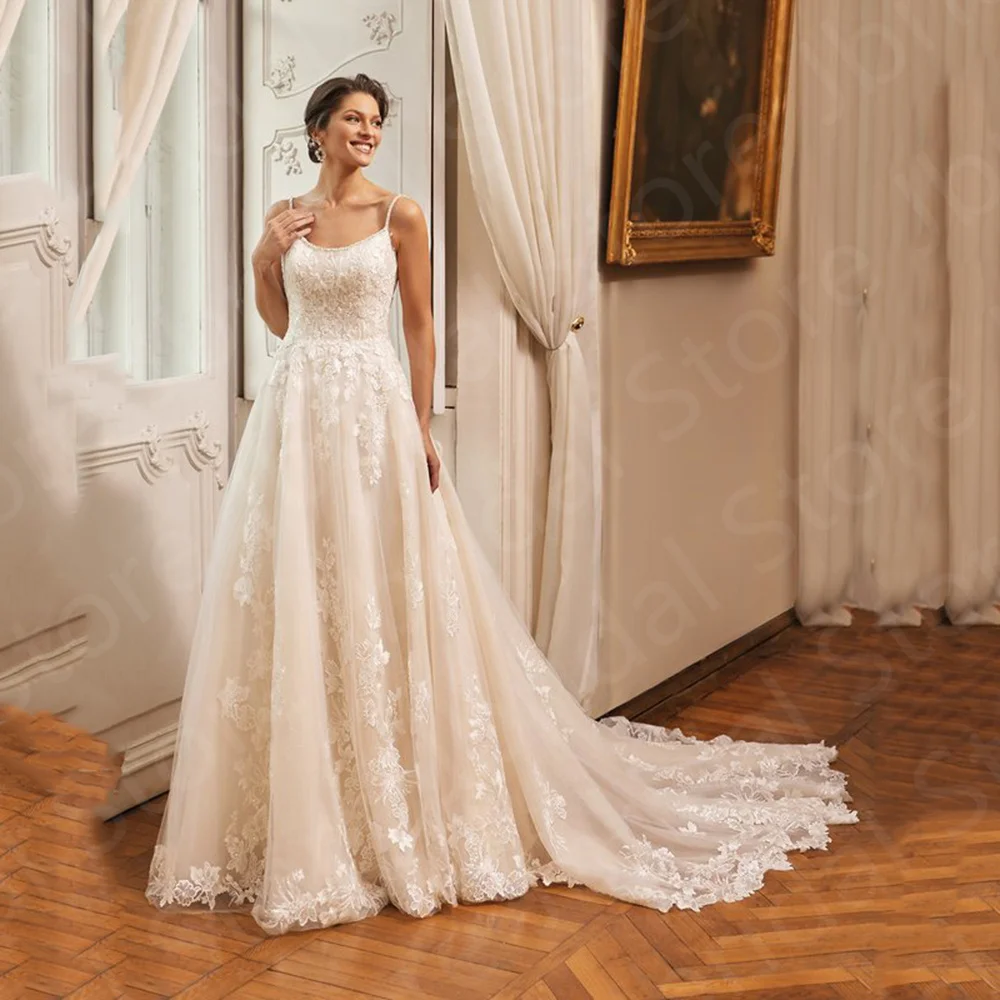 Vestidos de novia de encaje elegantes, escote redondo con tirantes, vestidos de novia sin mangas, espalda descubierta