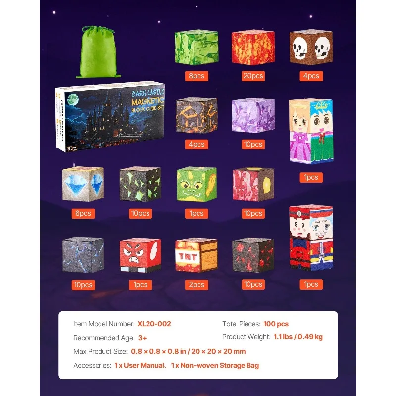 Blocos magnéticos 100 PCS Dark Castle Set STEM Montessori Brinquedos sensoriais