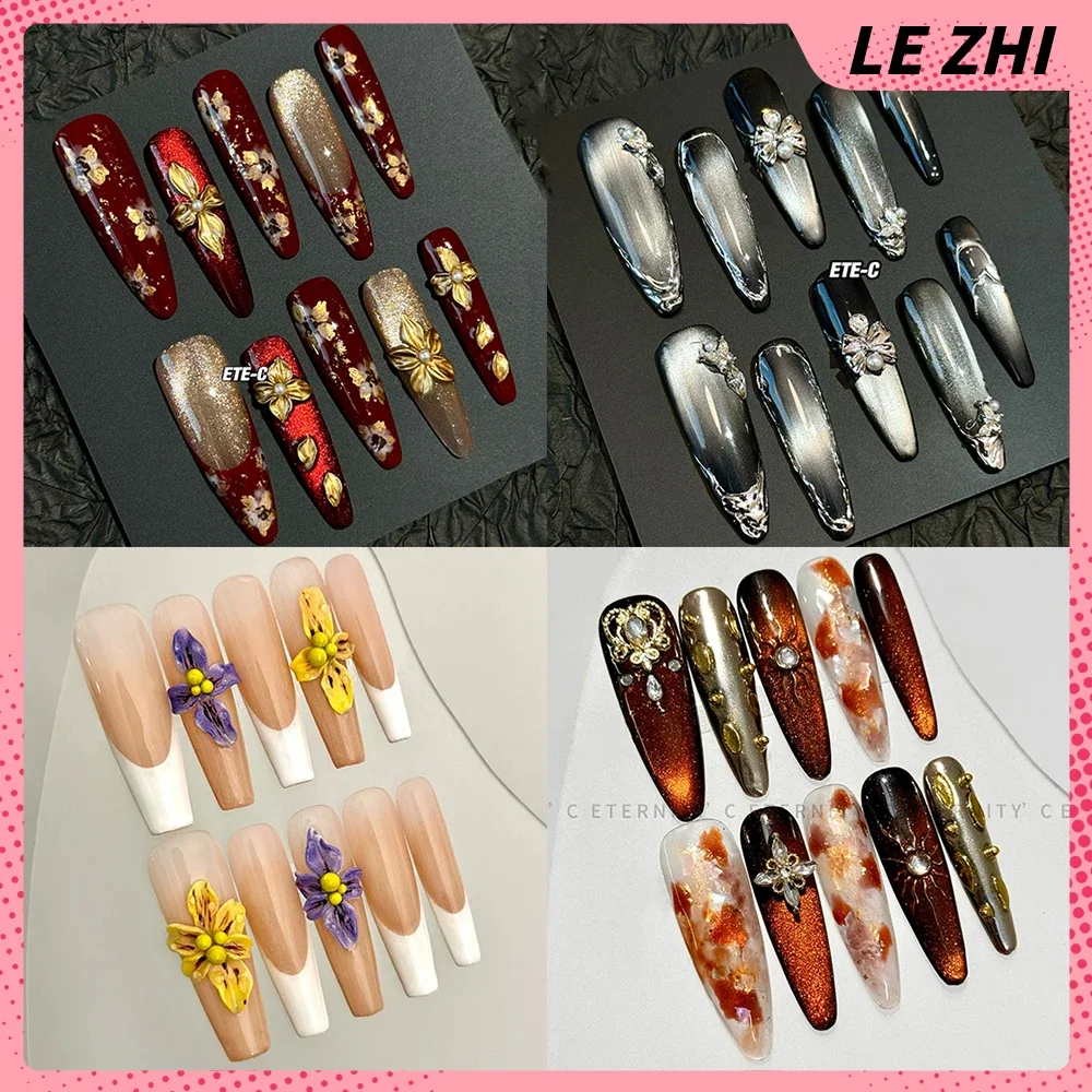 

10Pcs Light Luxury Cat Eyes Flower Long Coffin Stilettos Handmade Fake Nails High Quality Bowknot Diamond Pearl Press On Nails