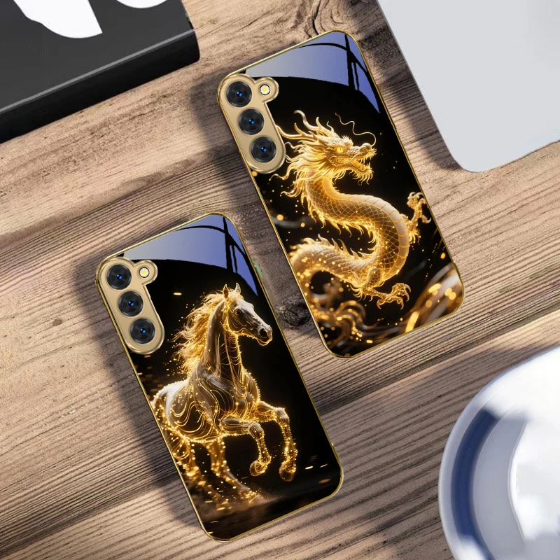 Golden Dragon Totem For Samsung Galaxy S20 FE S21 S22 S23 Plus S24 Ultra 25Ultra S21+ S9+ S22Plus Golden glass phone case