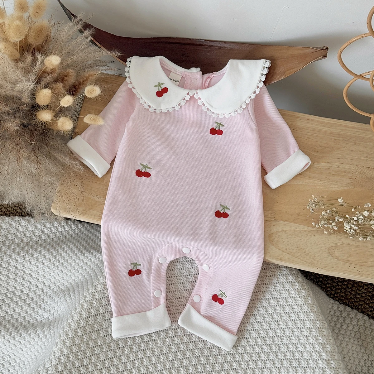 Autumn New Baby Girls Cute Pink Cherry Printed Doll Collar Long Sleeve Crawler Soft Newborn Jumpsuits Clothing Romper Outfits