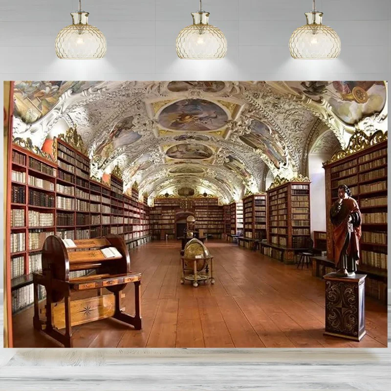 Library Corridor Photography Backdrops Statue Magnificent Ceiling Board Medieval Oil Painting Background Party Photo Banner