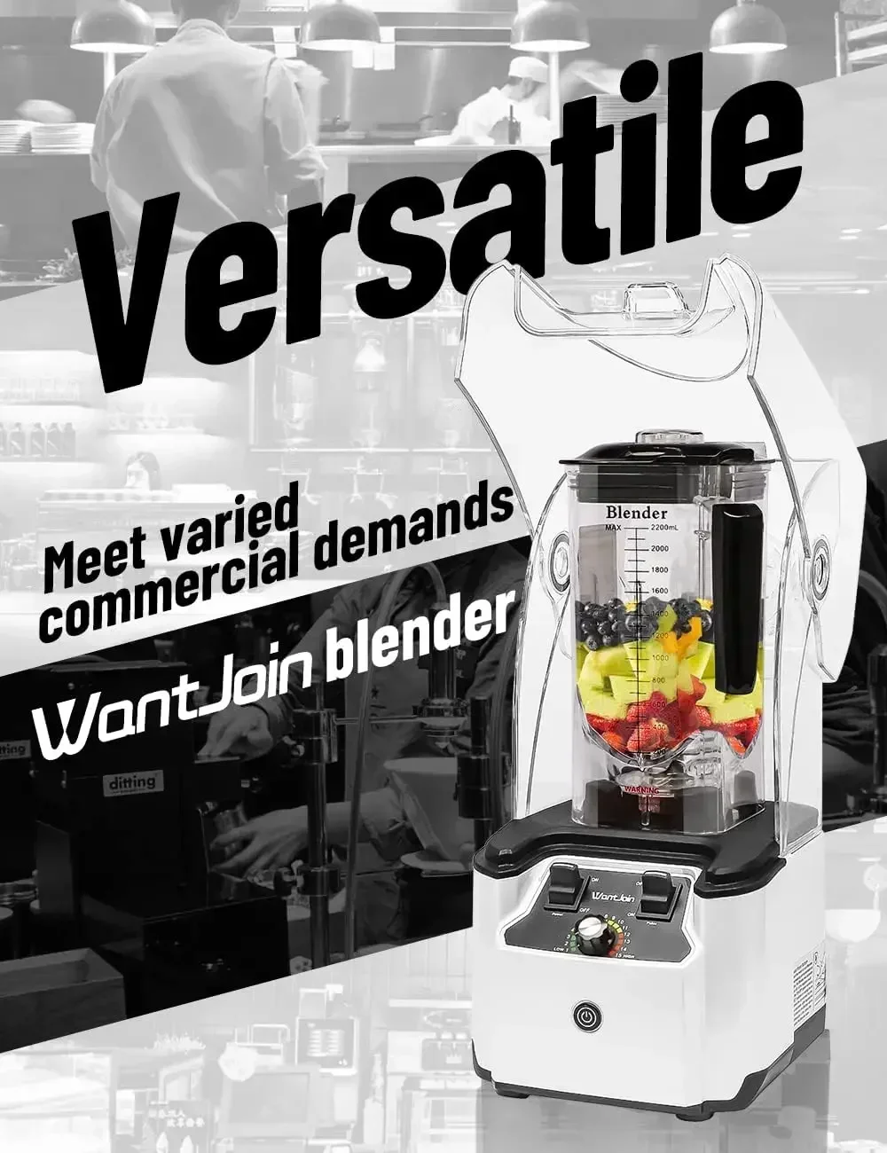 WantJoin-Professional Blender with Shield, Quiet Sound Enclosure, 2200W, Commercial, Strong and Quiet, Professional Blende