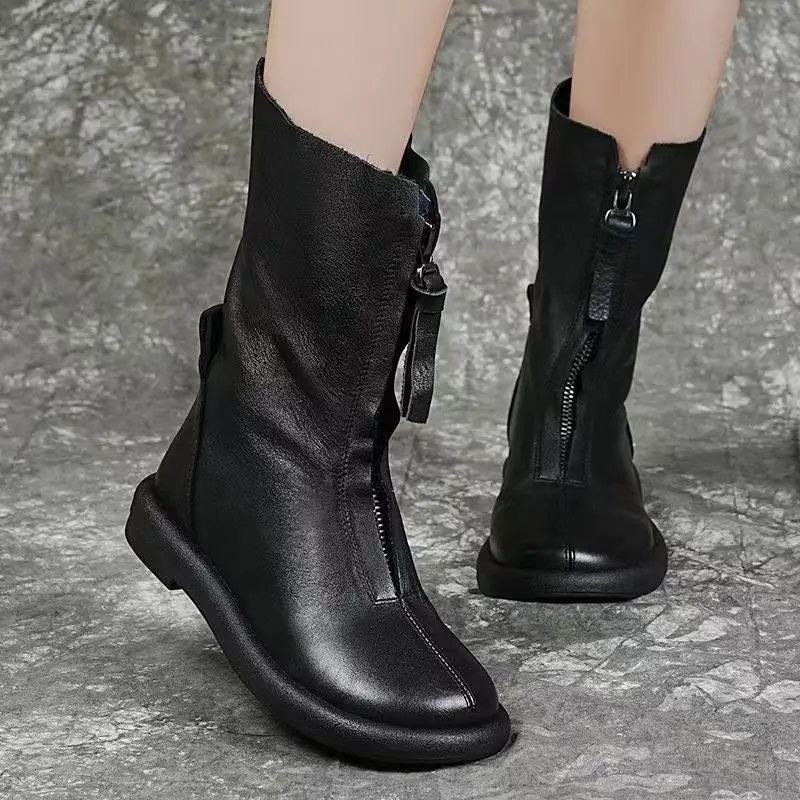 Autumn Winter Round Toe Flat Fleece-Lined Black Leather Ladies Mid Calf Shoes Fashion 2025 Trend Luxury Women's Half High Boots