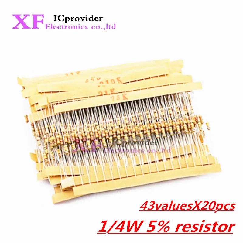 

860pcs 1/4W Carbon Film Resistor Kit 5% Resistance Assorted Set 43valuesX20pcs 1R - 1M Ohm 0.25W Sample Pack