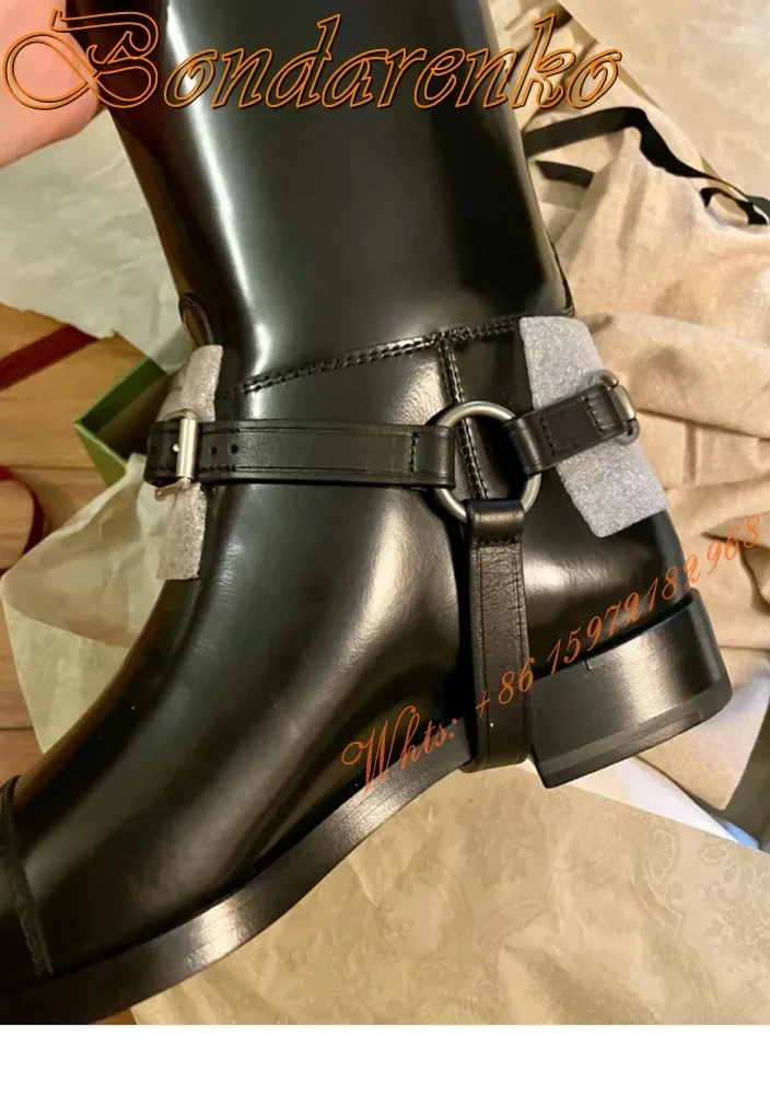Round Toe Thick Heel Boots Belt Buckles Mixed Colors Splicing Knee High Boots Women Sexy Slip On Winter Party Dress Patent Shoes