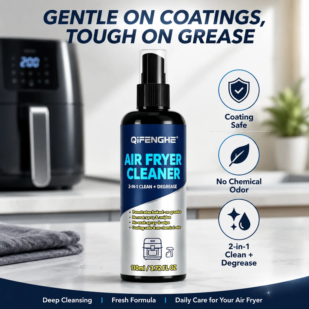 Car & Air Fryer Cleaner 110ml – 2-in-1 Degreaser Spray, No-Soak, Odor-Free, Safe for Coated Surfaces