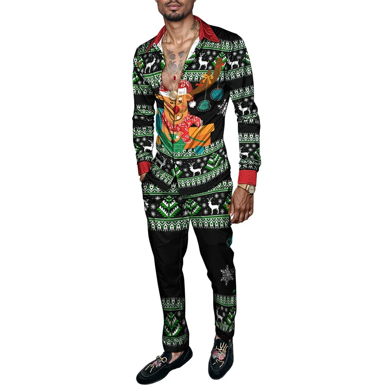 2025 أنيق الربيع الصيف الرجال قميص مجموعة عيد الميلاد طباعة موضة الزنجبيل رجل 2 قطعة مجموعة رجالي ثلج خفيفة الوزن الطرف