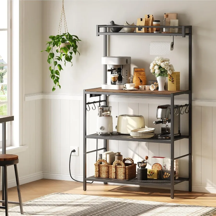 رف الخبازين مع حامل ميكروويف بمنفذ طاقة مع حامل ورق رف الخبازين مع محطة تخزين القهوة مع 6 خطافات لكي