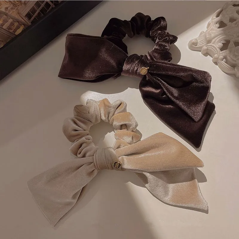 Female Retro French New Vintage Velvet Bow Large Bowel Elastic Hair Scrunchies Temperament Tie Ponytail Headdress