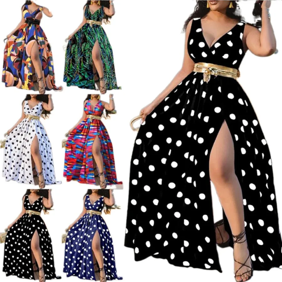 

【New style】 Europe printed waist mid-waist temperament commuting long dress sexy split dress with a belt