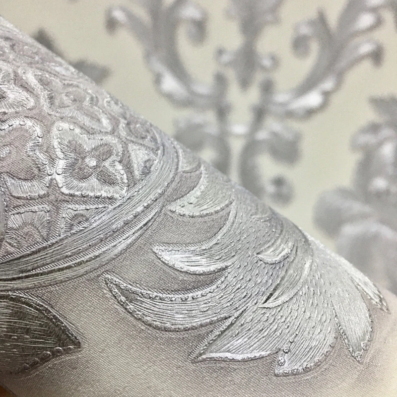 European-style Carved Embossed Silver White Damascus Wallpaper Bedroom Living Room Home Decoration Thickened PVC Wall Stickers