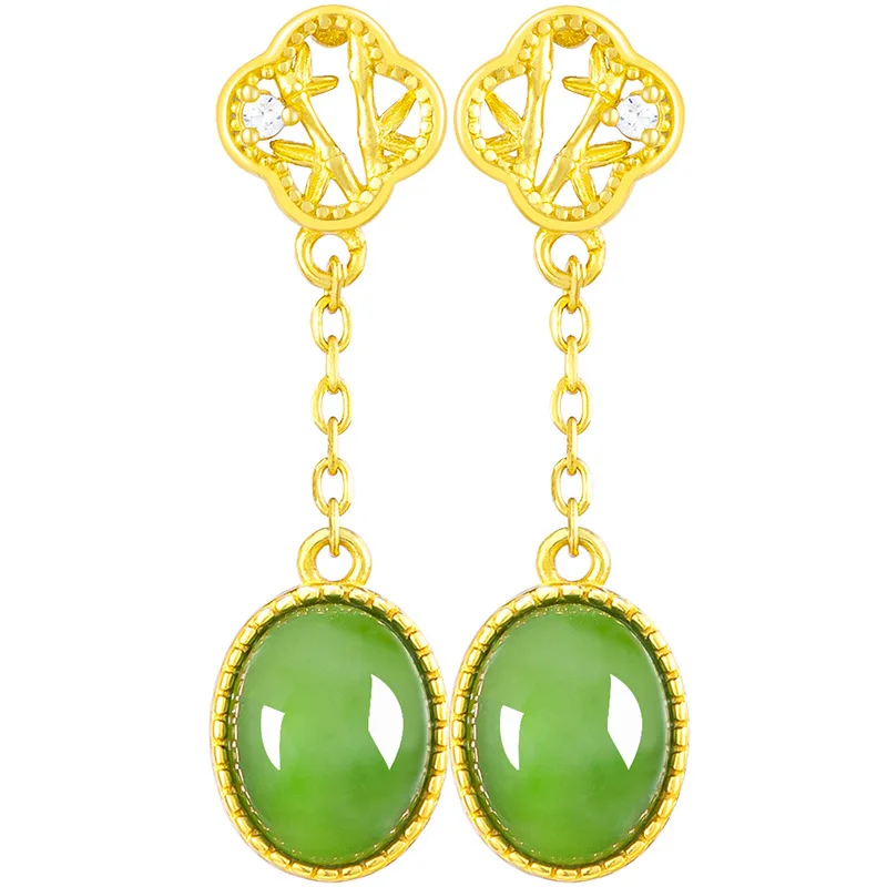 Anting wanita bahan lama hijau bayam alami, anting-anting Jasper giok S925 perak Jadeite Set perhiasan sederhana Drop Ship