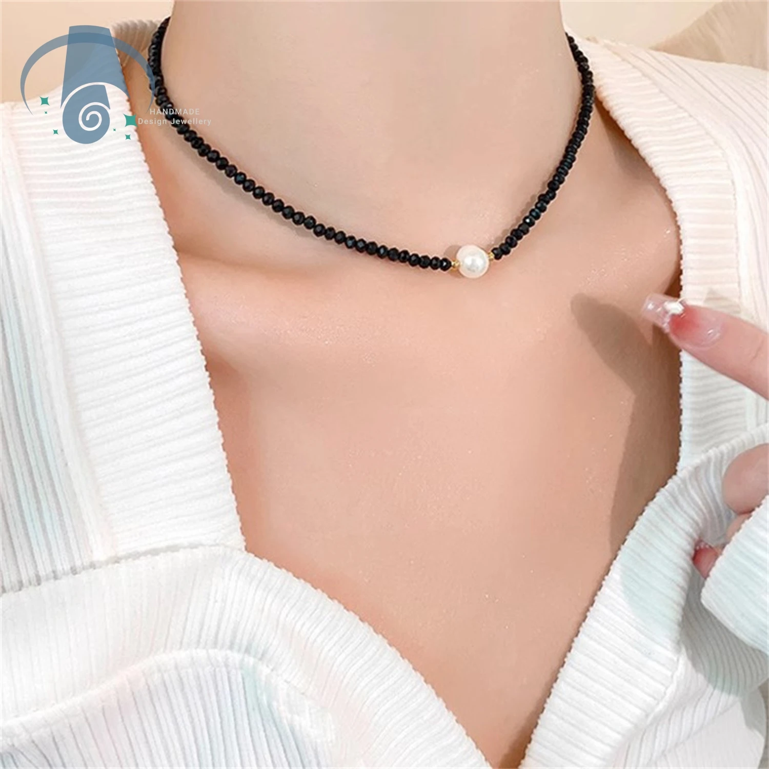 

Elegant Black Crystal Pearl Necklace For Women Minimalist Beaded Choker Luxury Trendy Layering Jewelry Gift For Her Delicate Cha