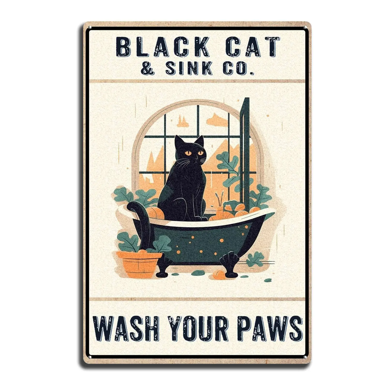 THUANCKY Tin Sign Funny Bathroom Metal Tin Sign Vintage Black Cat Art Wall Decor Wash Your Paws Signs for Family Bar Restaurant