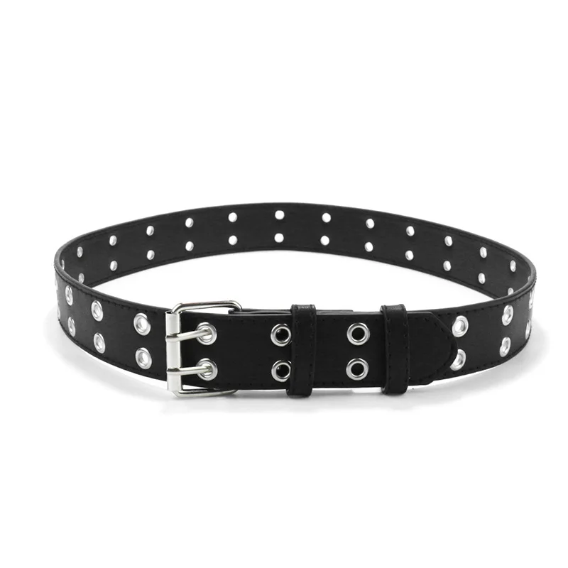 Punk Pu Lederen Riem Voor Kind Dubbele Gaten Metalen Pin Gesp Kinderen Taille Band Jongens Meisjes Jeans Broek Zwarte Tailleband