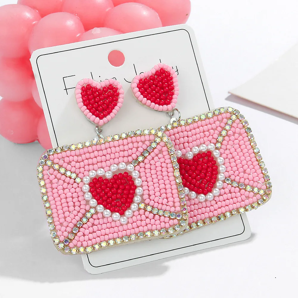 Sweet Pink Seed Beads Love Letter Earrings for Women Braided Beaded Envelope Earrings Valentine Jewelry