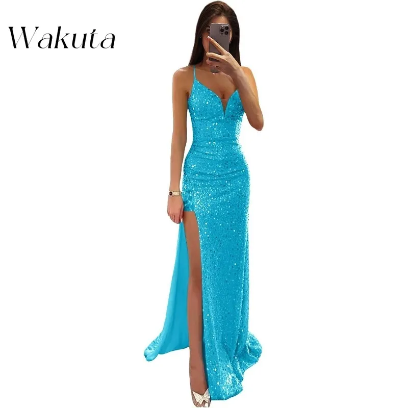 Wakuta Sparkly Sequin Prom Robe for Women Long with Slit V Neck Open Back Sheath Evening Formal Christmas Party Dresses שמלה ערב