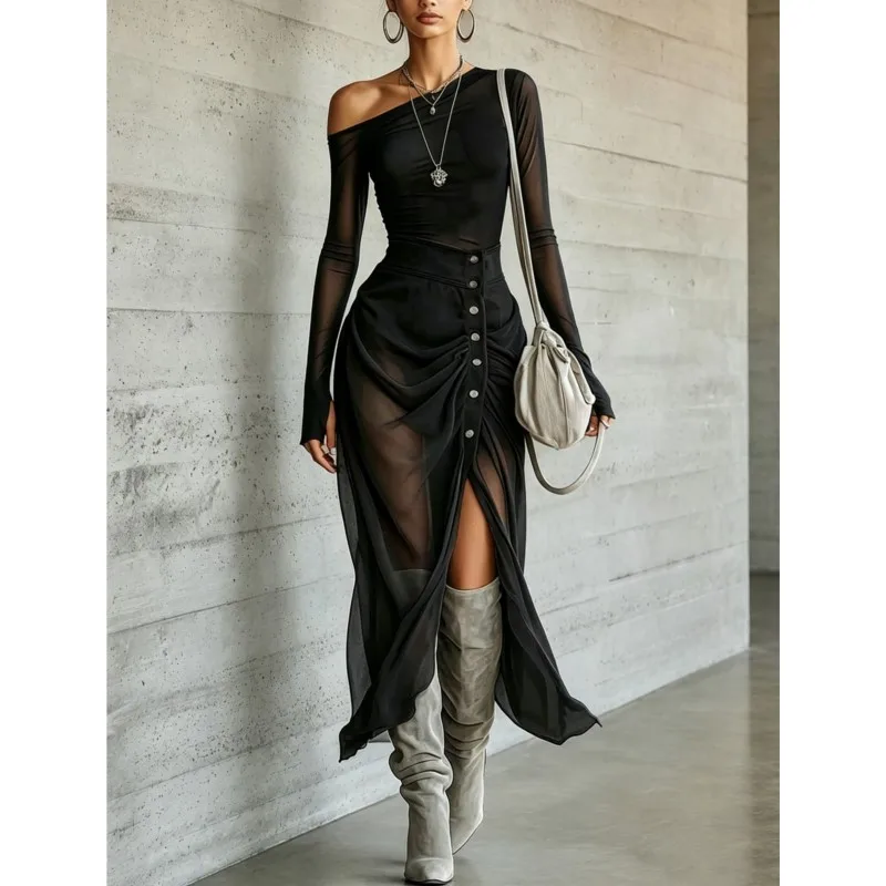 Women's Sexy Slanted Neck Slim Top With Skirt Two-piece Set Spring Autumn Retro Solid Long Sleeved Suit Lady Half Skirts Outfit