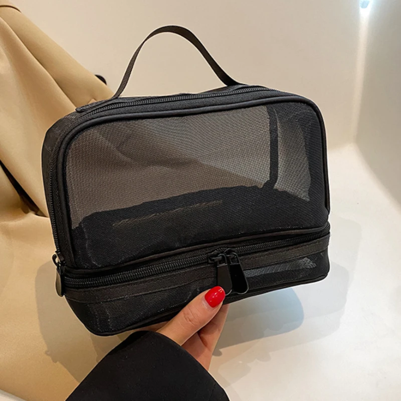 Double Layer Makeup Bag Mesh Transparent Storage Bag Stadium Approved Nylon Gauze Organizer Bag Black Cosmetic Bag Aesthetic