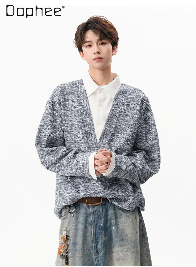 

Весна и осень 2024, новый искусственный двухсекционный рубашка с воротником, светло-серый вязаный свитшот, мужской свободный повседневный темно-серый топ