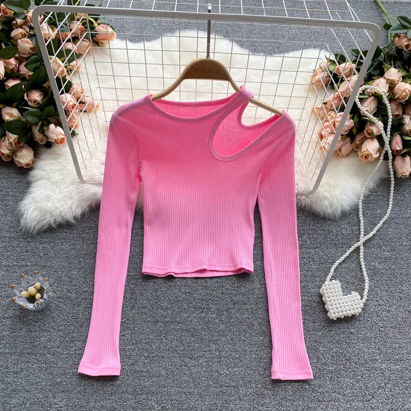 

Women's Knitted Sweater Sexy Chic Hollow Out Long Sleeve Pullovers 2022 Fashion All-Match Solid Crop Tops