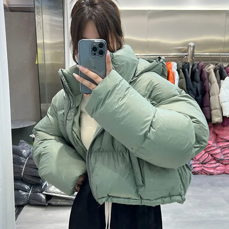 Winter frauen Kleidung Weiße Ente Unten Zipper Unten Jacke Warme Lose Mit Kapuze Stehkragen Mode Hohe Taille Kurze Outer