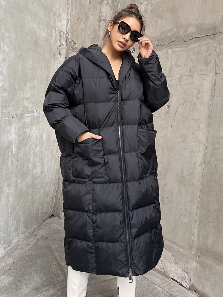 TWOTWINSTYLE Black Puffer Jacket Female Hooded Collar Long Sleeve Solid Minimalsit Zipper Winter Coat For Women Clothing Fashion