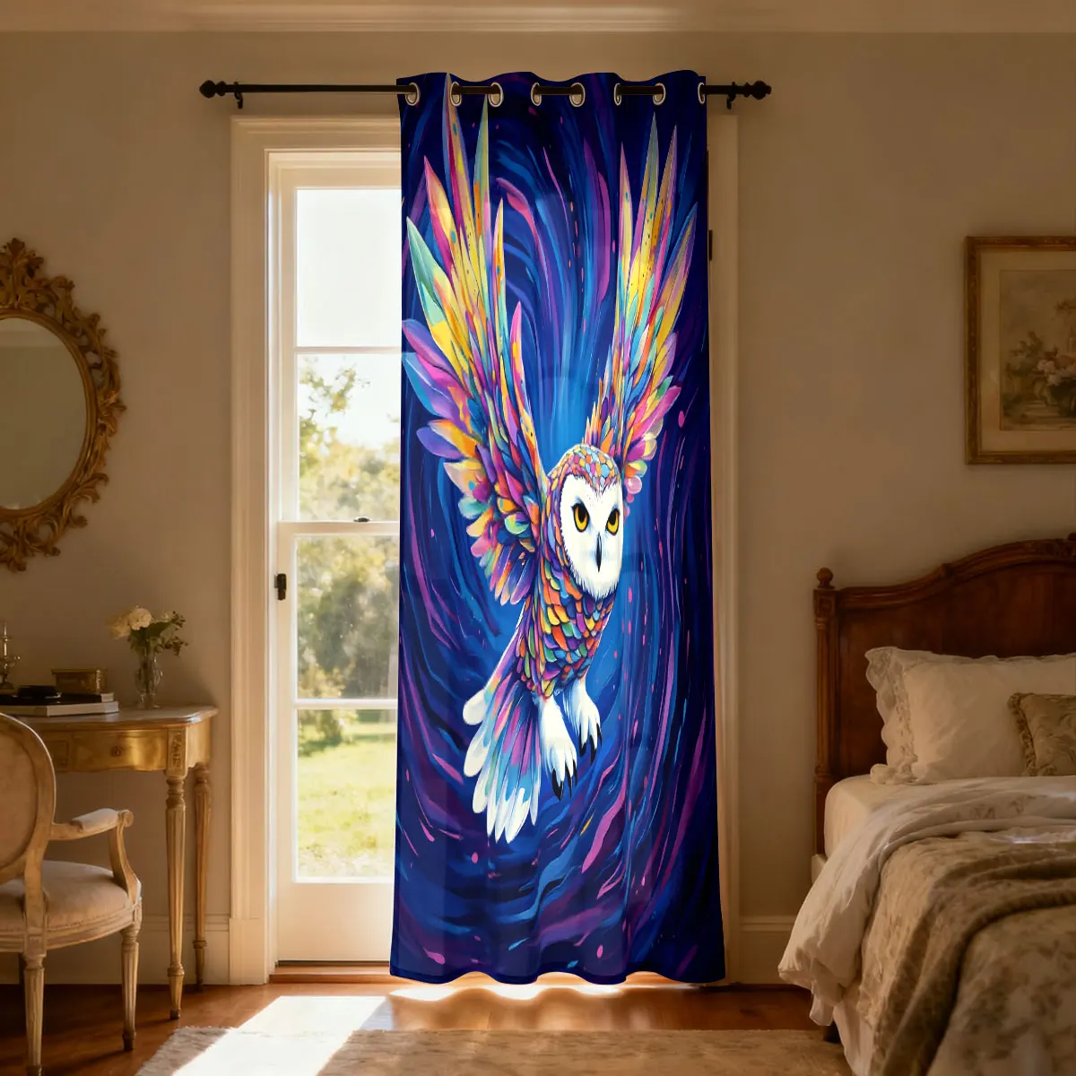 1PC Colorful Starry Sky Flying Owl Print Single Loop Curtain For Living Room Bedroom Door Window Stylish Home Decor view 6