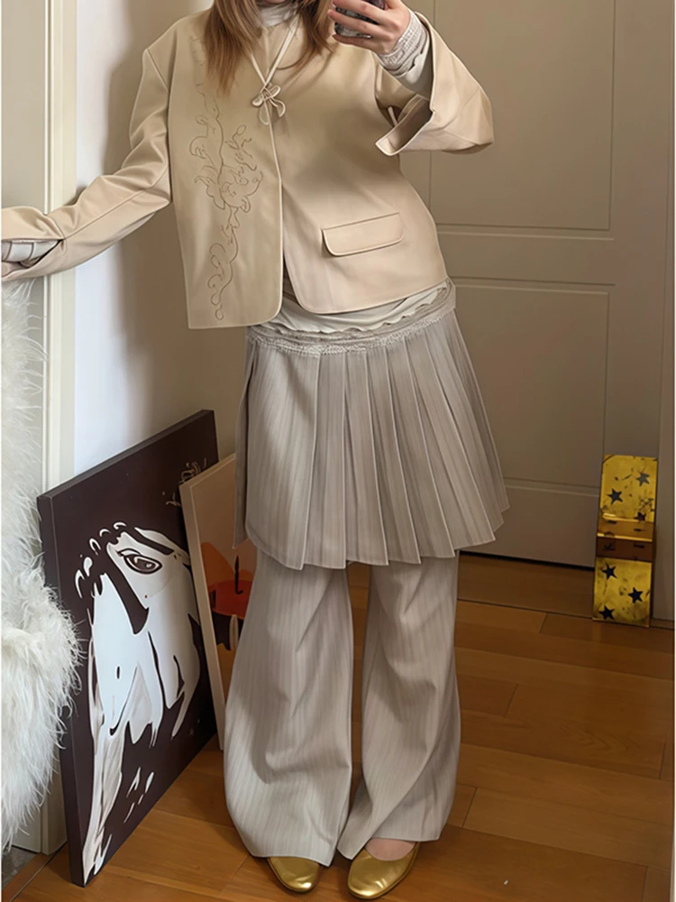 RORORIRI, Pantalones De pierna ancha De nicho coreano, traje falso De dos piezas, Falda plisada, Pantalón largo, Pantalones picantes para chica Y2k, Pantalones De Mujer